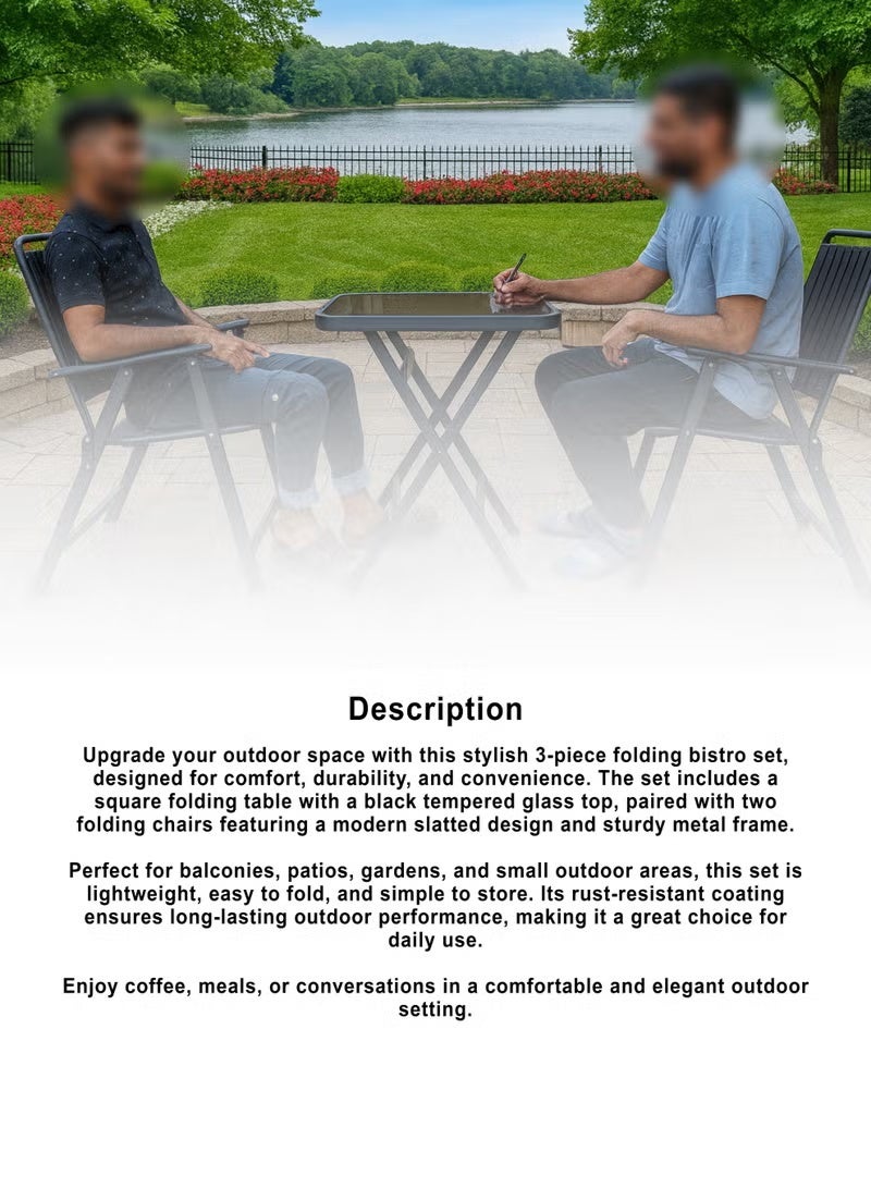 DubaiGallery Folding Outdoor Furniture Set 2 Chairs and Glass Top Table Space-efficient patio furniture with contemporary style, strong metal build, comfortable seating, easy folding mechanism, suitable for home balcony, garden, terrace, restaurants, and outdoor cafés. - Image 5